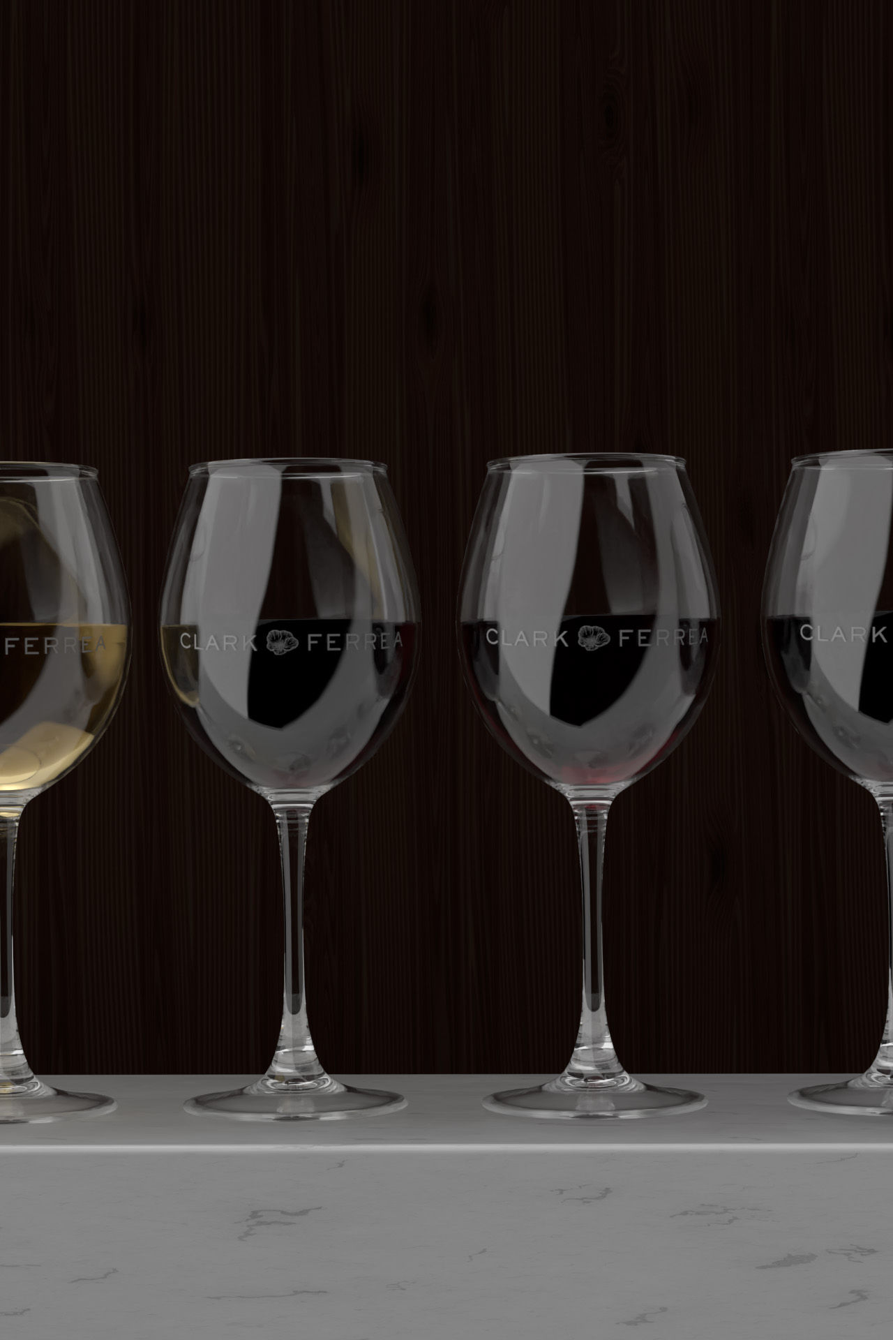 Four Clark Ferrea branded wine glasses with one white wine and three red wines