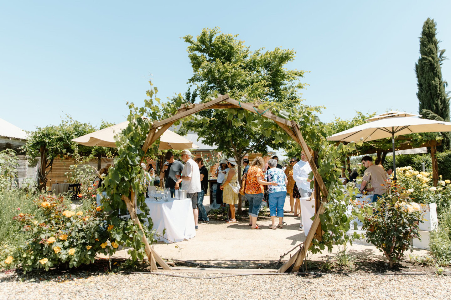 A group of people gather outdoors in a garden under umbrellas and trees, socializing around tables with refreshments. The scene is viewed through a wooden arch decorated with green vines and surrounded by flowers.