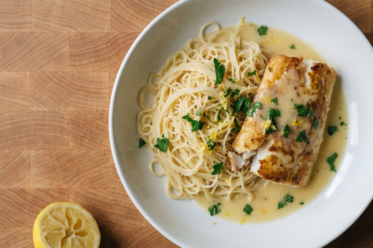 Sautéed Cod in Lemon Beurre Blanc with Angel Hair Pasta